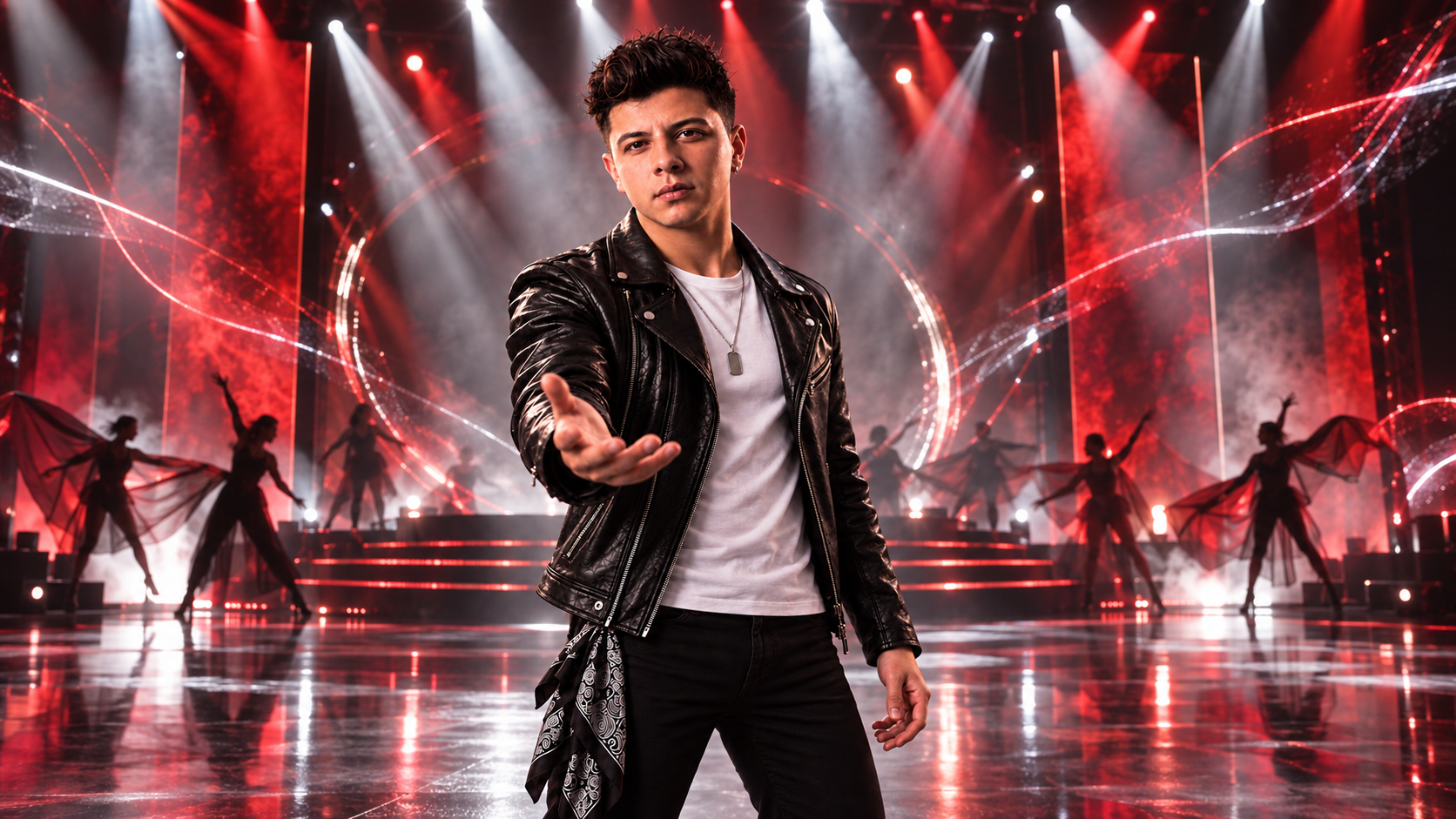 Escenario de Sorpréndete con luces rojas y elenco en escena