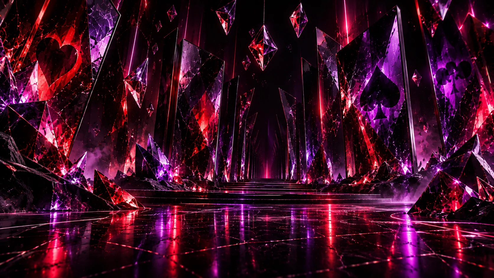 Universo de espejos, cartas y luz roja y violeta