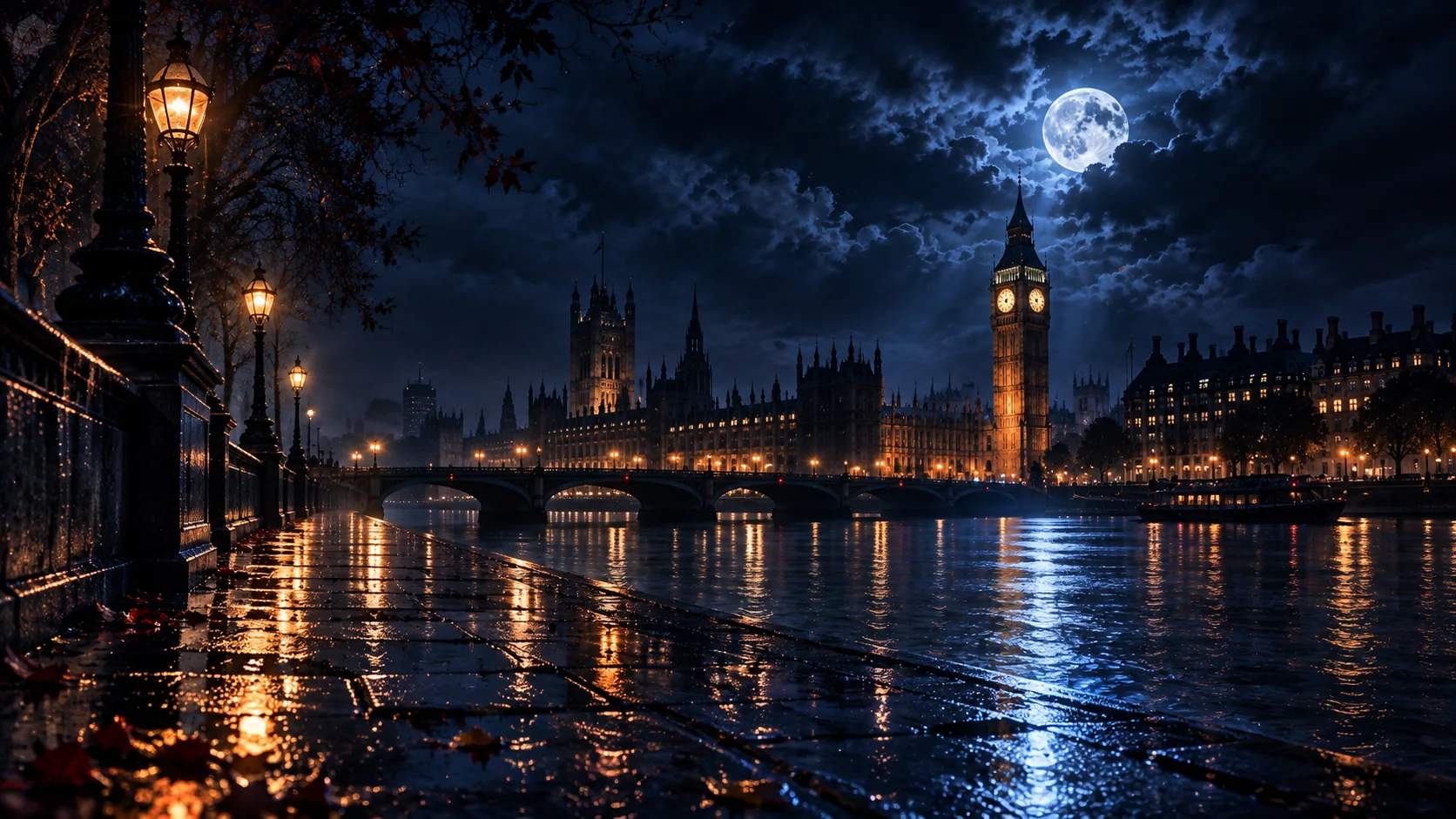 Londres de noche bajo la luna frente al río Támesis